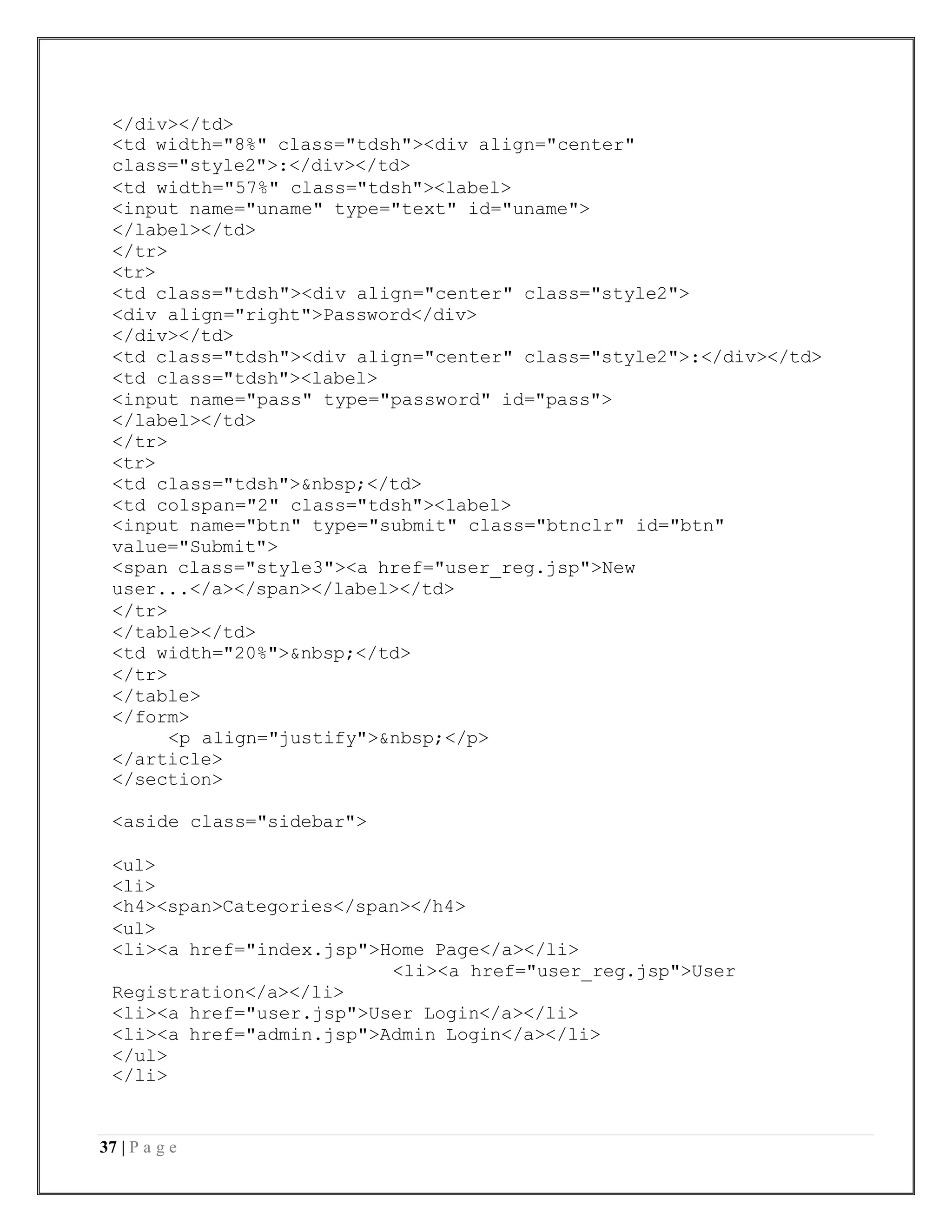 37 | P a g e
</div></td>
<td width="8%" class="tdsh"><div align="center"
class="style2">:</div></td>
<td width="57%" class="tdsh"><label>
<input name="uname" type="text" id="uname">
</label></td>
</tr>
<tr>
<td class="tdsh"><div align="center" class="style2">
<div align="right">Password</div>
</div></td>
<td class="tdsh"><div align="center" class="style2">:</div></td>
<td class="tdsh"><label>
<input name="pass" type="password" id="pass">
</label></td>
</tr>
<tr>
<td class="tdsh">&nbsp;</td>
<td colspan="2" class="tdsh"><label>
<input name="btn" type="submit" class="btnclr" id="btn"
value="Submit">
<span class="style3"><a href="user_reg.jsp">New
user...</a></span></label></td>
</tr>
</table></td>
<td width="20%">&nbsp;</td>
</tr>
</table>
</form>
<p align="justify">&nbsp;</p>
</article>
</section>
<aside class="sidebar">
<ul>
<li>
<h4><span>Categories</span></h4>
<ul>
<li><a href="index.jsp">Home Page</a></li>
<li><a href="user_reg.jsp">User
Registration</a></li>
<li><a href="user.jsp">User Login</a></li>
<li><a href="admin.jsp">Admin Login</a></li>
</ul>
</li>
 