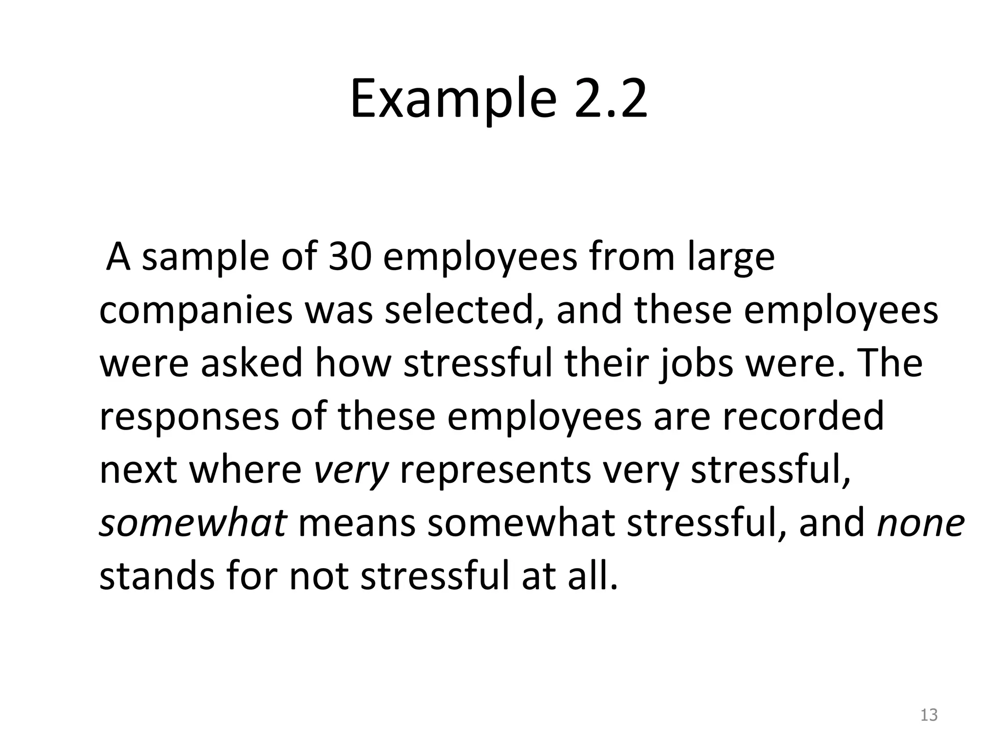 Example 2.2 A sample of 30 employees from large companies was selected, and these employees were asked how stressful their jobs were. The responses of these employees are recorded next where  very  represents very stressful,  somewhat  means somewhat stressful, and  none  stands for not stressful at all. 