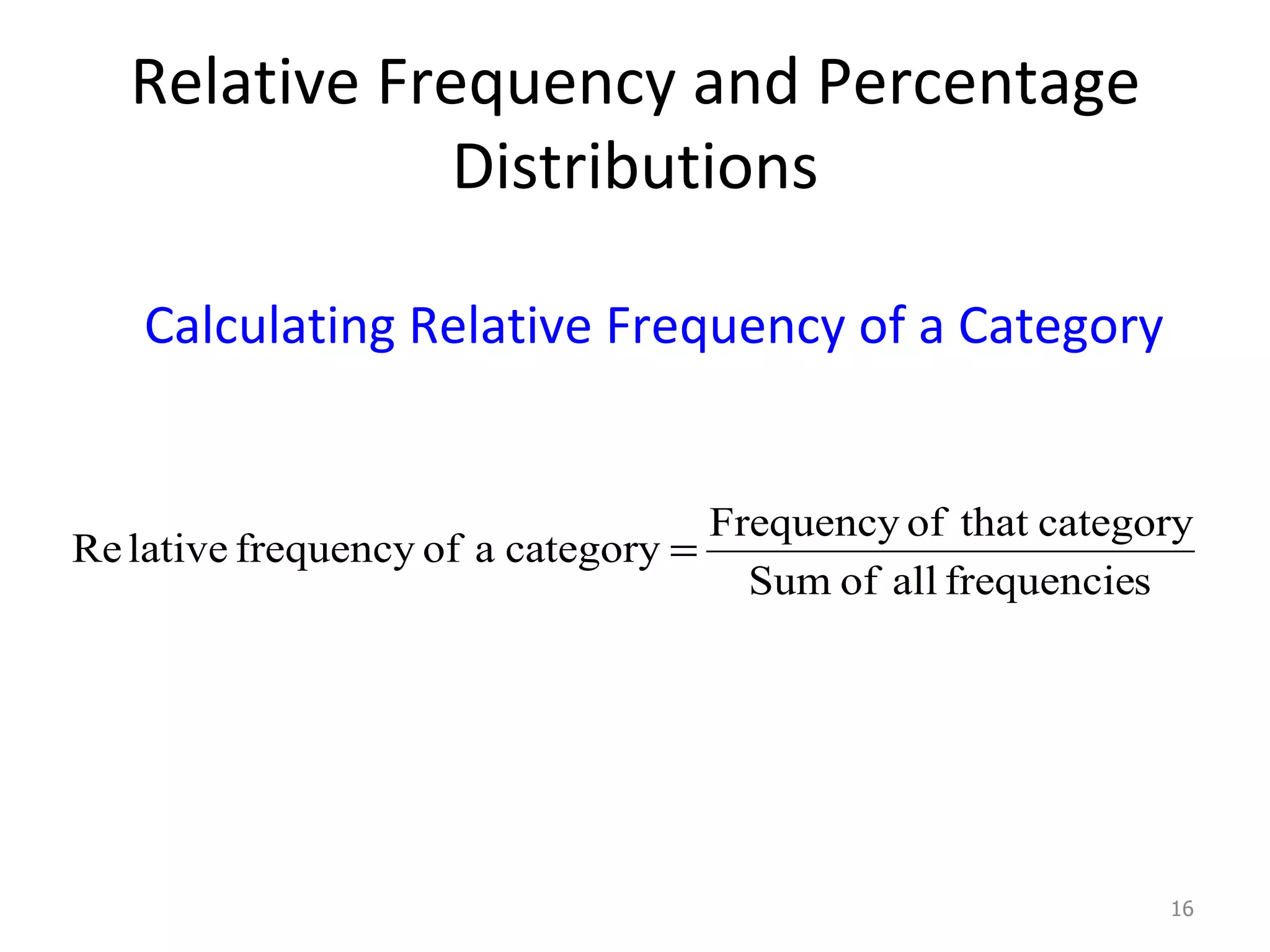 Relative Frequency and Percentage Distributions Calculating Relative Frequency of a Category 