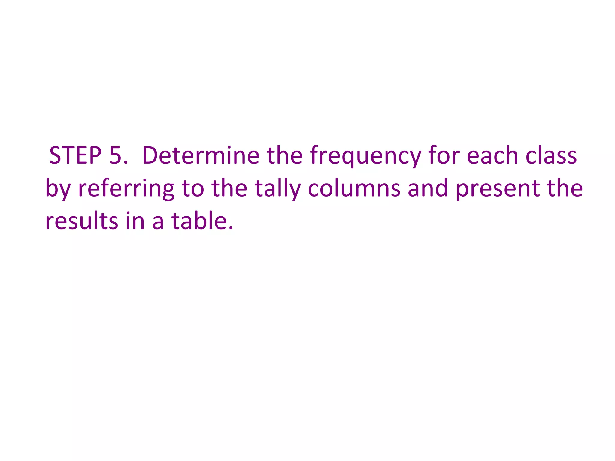 STEP 5.  Determine the frequency for each class by referring to the tally columns and present the results in a table. 