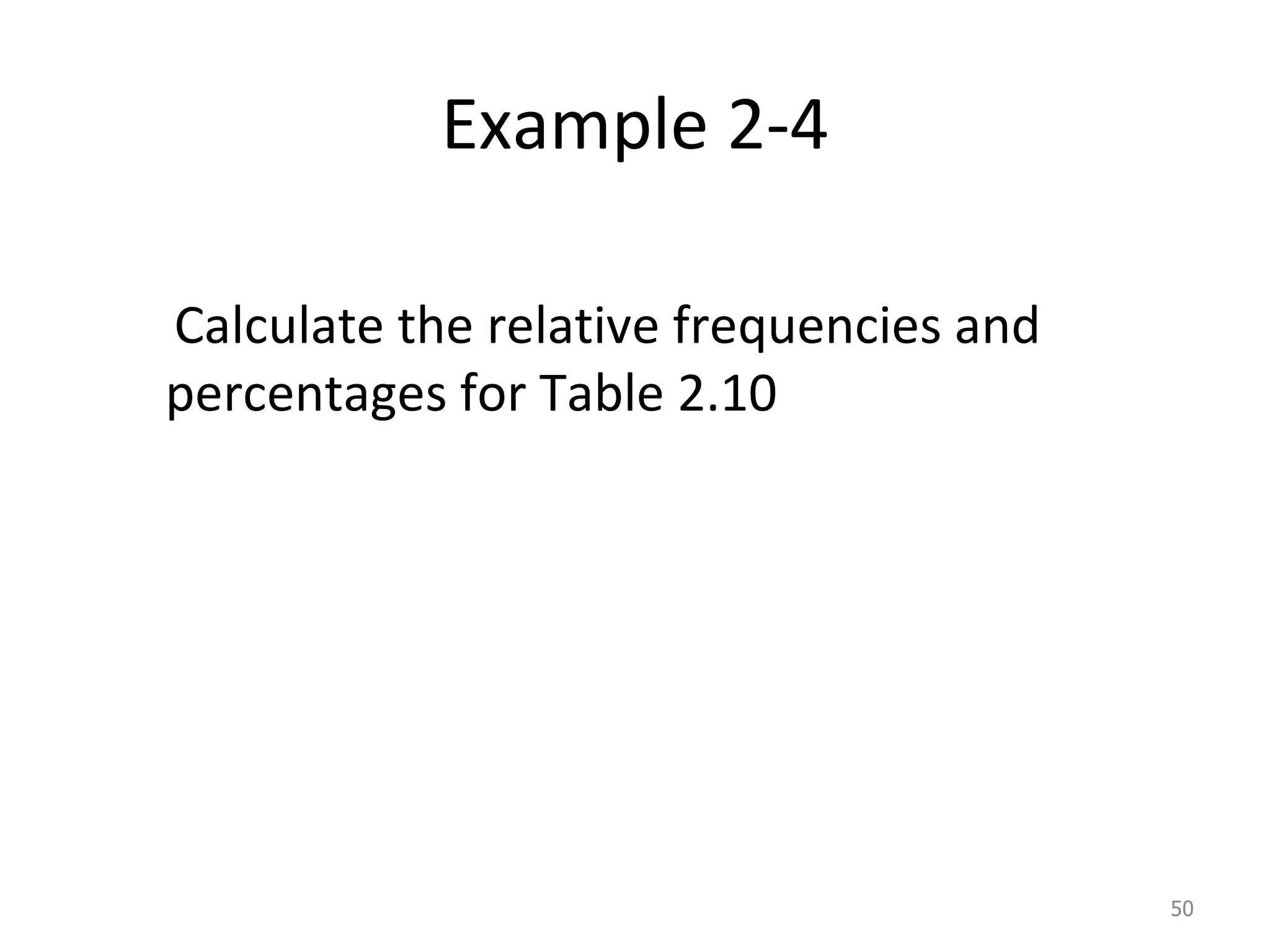 Example 2-4 Calculate the relative frequencies and percentages for Table 2.10 
