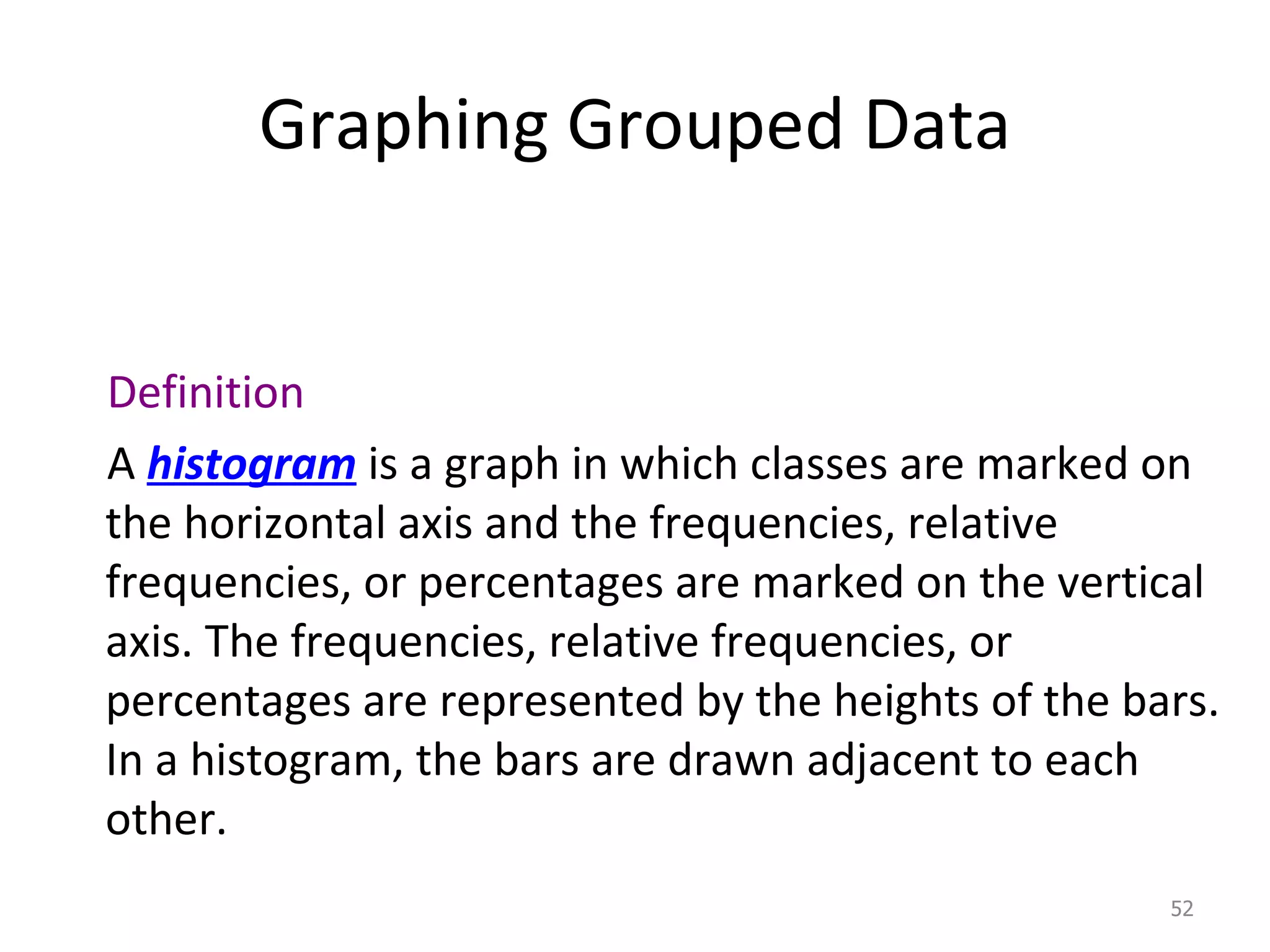 Graphing Grouped Data Definition A  histogram  is a graph in which classes are marked on the horizontal axis and the frequencies, relative frequencies, or percentages are marked on the vertical axis. The frequencies, relative frequencies, or percentages are represented by the heights of the bars. In a histogram, the bars are drawn adjacent to each other. 