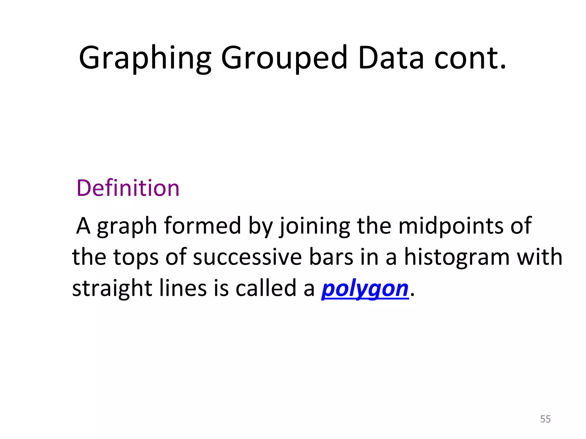 Graphing Grouped Data cont. Definition A graph formed by joining the midpoints of the tops of successive bars in a histogram with straight lines is called a   polygon . 