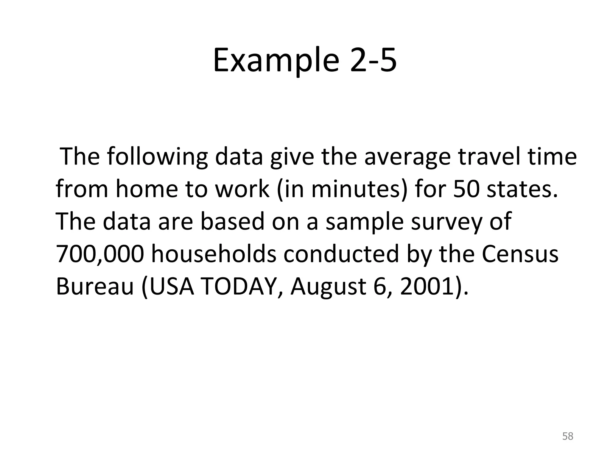 Example 2-5 The following data give the average travel time from home to work (in minutes) for 50 states. The data are based on a sample survey of 700,000 households conducted by the Census Bureau (USA TODAY, August 6, 2001). 