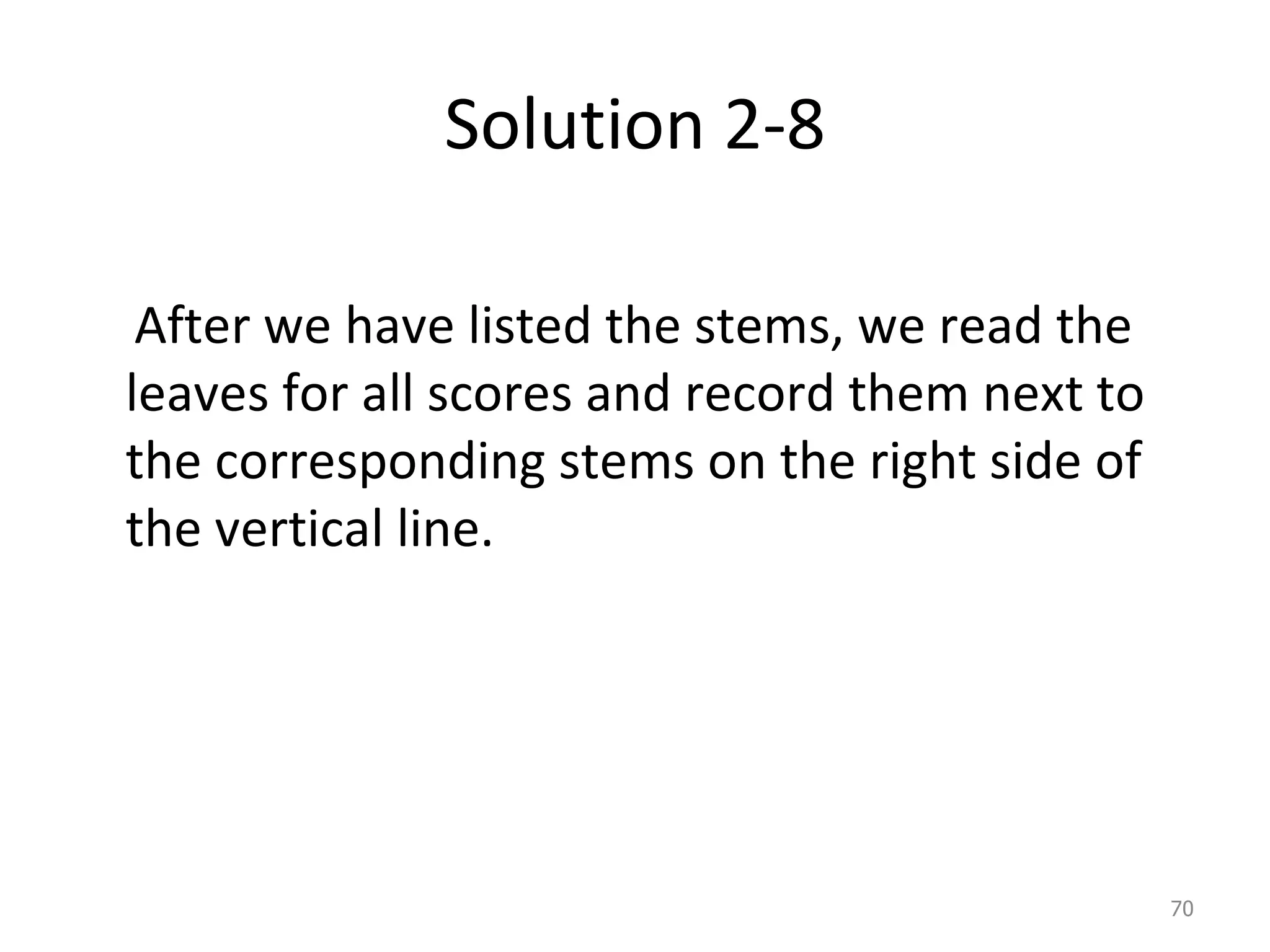 Solution 2-8 After we have listed the stems, we read the leaves for all scores and record them next to the corresponding stems on the right side of the vertical line. 