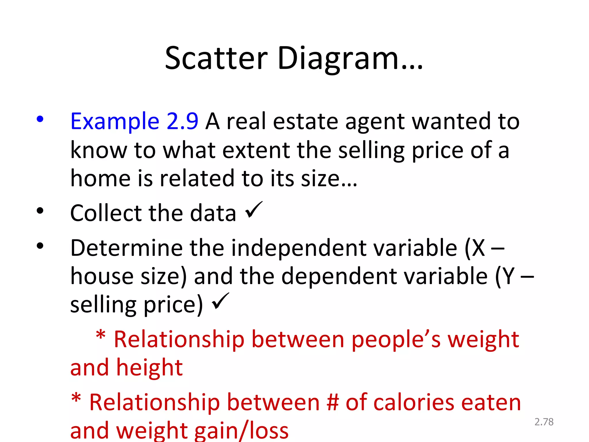 Scatter Diagram… Example 2.9  A real estate agent wanted to know to what extent the selling price of a home is related to its size… Collect the data   Determine the independent variable (X – house size) and the dependent variable (Y – selling price)   * Relationship between people’s weight and height * Relationship between # of calories eaten and weight gain/loss 2. 