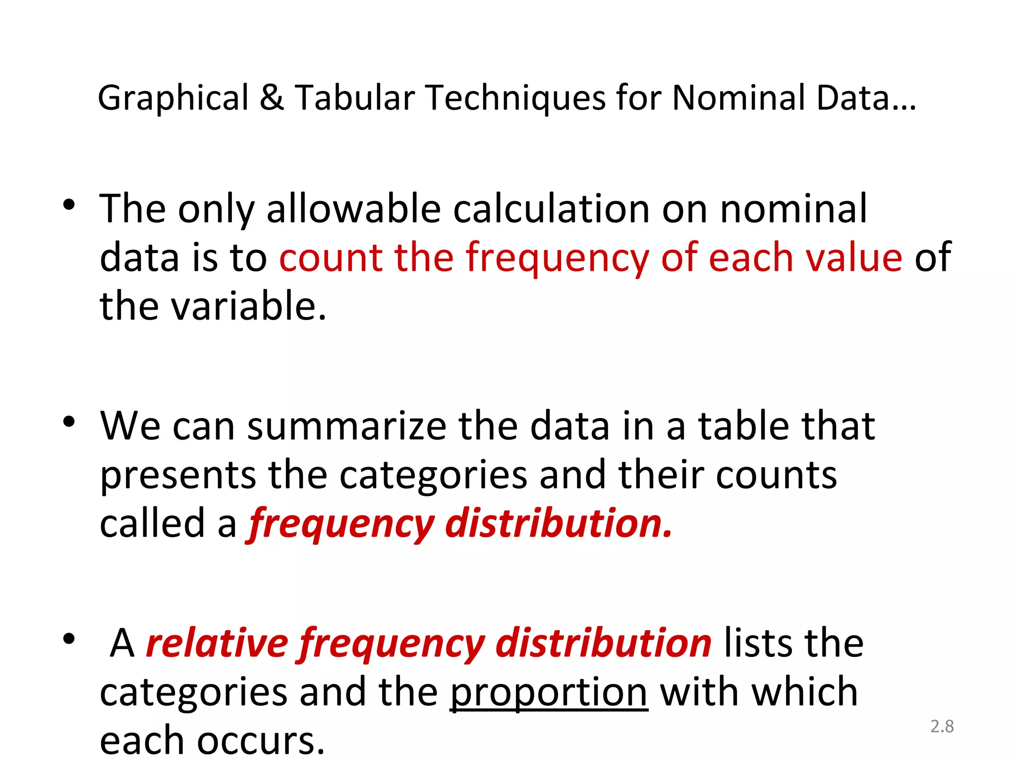 Graphical & Tabular Techniques for Nominal Data… The only allowable calculation on nominal data is to  count the frequency of each value  of the variable.  We can summarize the data in a table that presents the categories and their counts called a  frequency distribution. A  relative frequency distribution  lists the categories and the  proportion  with which each occurs.  Since Nominal data has no order, if we arrange the outcomes from the most frequently occurring to the least frequently occurring, we call this a  “pareto   chart” 2. 