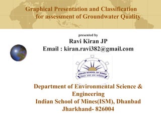 Graphical Presentation and Classification 
for assessment of Groundwater Quality 
presented by 
Ravi Kiran JP 
Email : kiran.ravi382@gmail.com 
Department of Environmental Science & 
Engineering 
Indian School of Mines(ISM), Dhanbad 
Jharkhand- 826004 
 