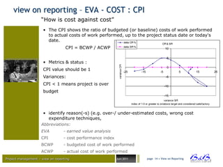 view on reporting – EVA - COST : CPI
                     “How is cost against cost”
                      • The CPI shows the ratio of budgeted (or baseline) costs of work performed
                        to actual costs of work performed, up to the project status date or today's
                        date.                             delta CPI %
                                                                                                               CPI & SPI
                                   CPI = BCWP / ACWP                          delta SPI %
                                                                                                                   10


                                                                                                                    5
                      • Metrics & status :




                                                               variance CPI
                                                                                                                    0
                      CPI value should be 1                                   -25           -15               -5              5              15                     25
                      Variances:                                                                                    -5

                      CPI < 1 means project is over                                                                -10
                      budget
                                                                                                                   -15
                                                                                                                  variance SPI
                                                                                    index of 1.0 or greater is on/above target and considered satisfactory


                      • identify reason(-s) (e.g. over-/ under-estimated costs, wrong cost
                        expenditure techniques,
                     Abbreviations:
                     EVA          - earned value analysis
                     CPI          - cost performance index
                     BCWP         - budgeted cost of work performed
                     ACWP         - actual cost of work performed
Project management – view on reporting                       Juni 2011                            page 14 • View on Reporting




                                                                                                                                                             BVBA
 