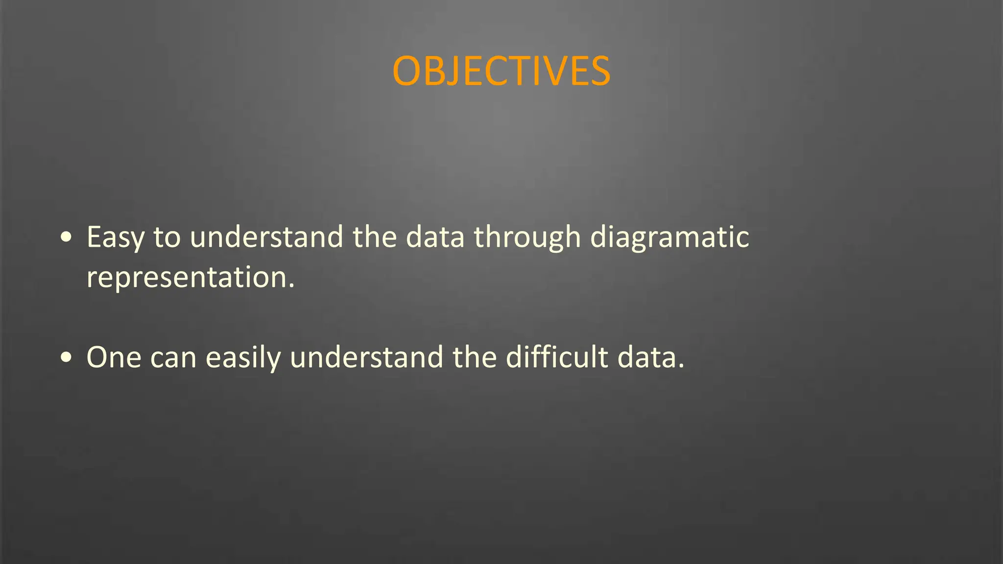 OBJECTIVES
• Easy to understand the data through diagramatic
representation.
• One can easily understand the difficult data.
 