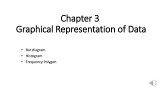 Chapter 3
Graphical Representation of Data
• Bar diagram
• Histogram
• Frequency Polygon
 