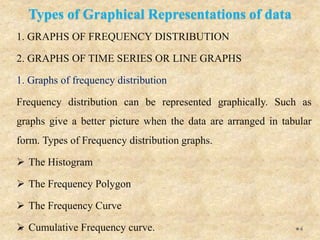 Types of Graphical Representations of data
1. GRAPHS OF FREQUENCY DISTRIBUTION
2. GRAPHS OF TIME SERIES OR LINE GRAPHS
1. Graphs of frequency distribution
Frequency distribution can be represented graphically. Such as
graphs give a better picture when the data are arranged in tabular
form. Types of Frequency distribution graphs.
 The Histogram
 The Frequency Polygon
 The Frequency Curve
 Cumulative Frequency curve. 4
 