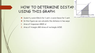HOW TO DETERMINE DISTANCE
USING THIS GRAPH:
 Scale y-axis=10m/s for 1 unit; x-axis=2secs for 1 unit.
 In this figure we can calculate the distance in two ways
1. Area of trapezium ABDE or
2. Area of triangle ABC+Area of rectangle ACDE.
 