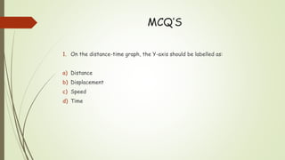 MCQ’S
1. On the distance-time graph, the Y-axis should be labelled as:
a) Distance
b) Displacement
c) Speed
d) Time
 