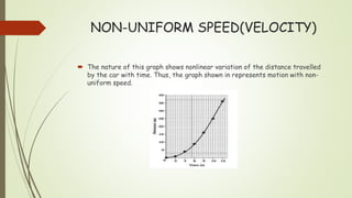 NON-UNIFORM SPEED(VELOCITY)
 The nature of this graph shows nonlinear variation of the distance travelled
by the car with time. Thus, the graph shown in represents motion with non-
uniform speed.
 