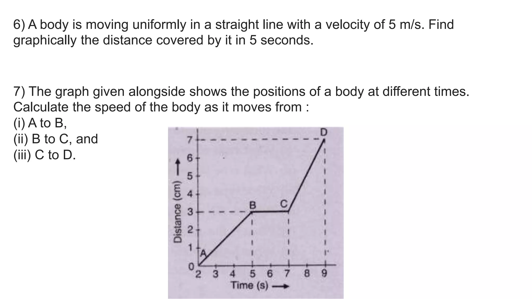 6) A body is moving uniformly in a straight line with a velocity of 5 m/s. Find
graphically the distance covered by it in 5 seconds.
7) The graph given alongside shows the positions of a body at different times.
Calculate the speed of the body as it moves from :
(i) A to B,
(ii) B to C, and
(iii) C to D.
 
