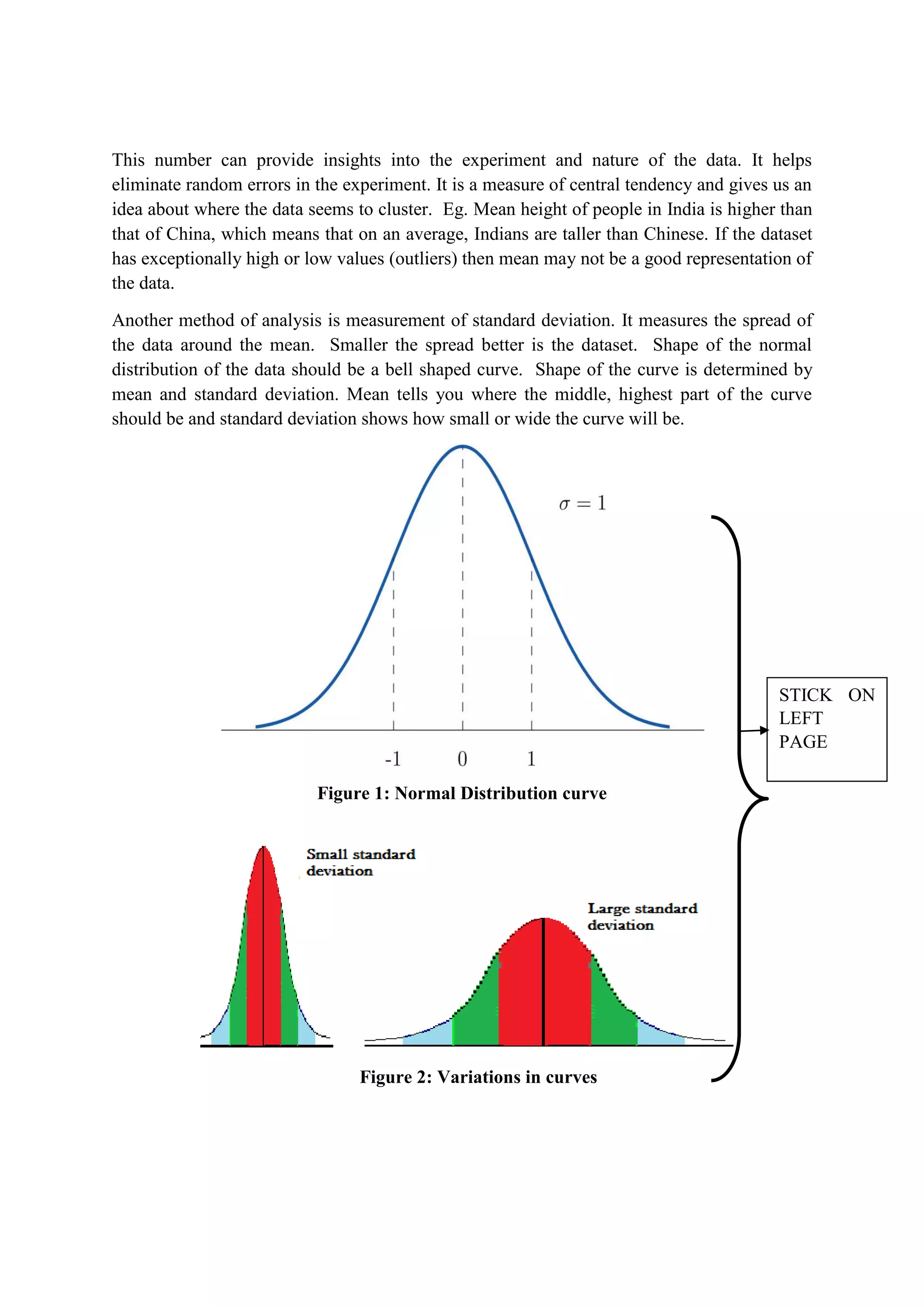 This number can provide insights into the experiment and nature of the data. It helps
eliminate random errors in the experiment. It is a measure of central tendency and gives us an
idea about where the data seems to cluster. Eg. Mean height of people in India is higher than
that of China, which means that on an average, Indians are taller than Chinese. If the dataset
has exceptionally high or low values (outliers) then mean may not be a good representation of
the data.
Another method of analysis is measurement of standard deviation. It measures the spread of
the data around the mean. Smaller the spread better is the dataset. Shape of the normal
distribution of the data should be a bell shaped curve. Shape of the curve is determined by
mean and standard deviation. Mean tells you where the middle, highest part of the curve
should be and standard deviation shows how small or wide the curve will be.
Figure 1: Normal Distribution curve
Figure 2: Variations in curves
STICK ON
LEFT
PAGE
 