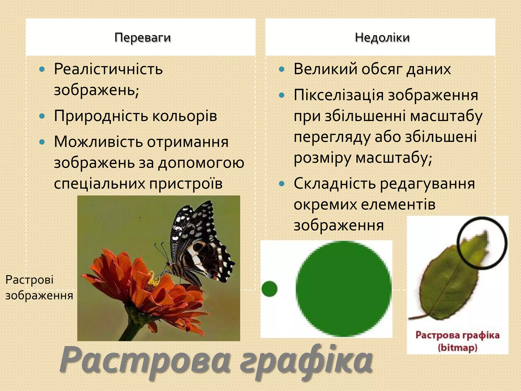 Переваги                     Недоліки

     Реалістичність              Великий обсяг даних
      зображень;                  Пікселізація зображення
     Природність кольорів         при збільшенні масштабу
     Можливість отримання         перегляду або збільшені
      зображень за допомогою       розміру масштабу;
      спеціальних пристроїв       Складність редагування
                                   окремих елементів
                                   зображення


Растрові
зображення




        Растрова графіка
 