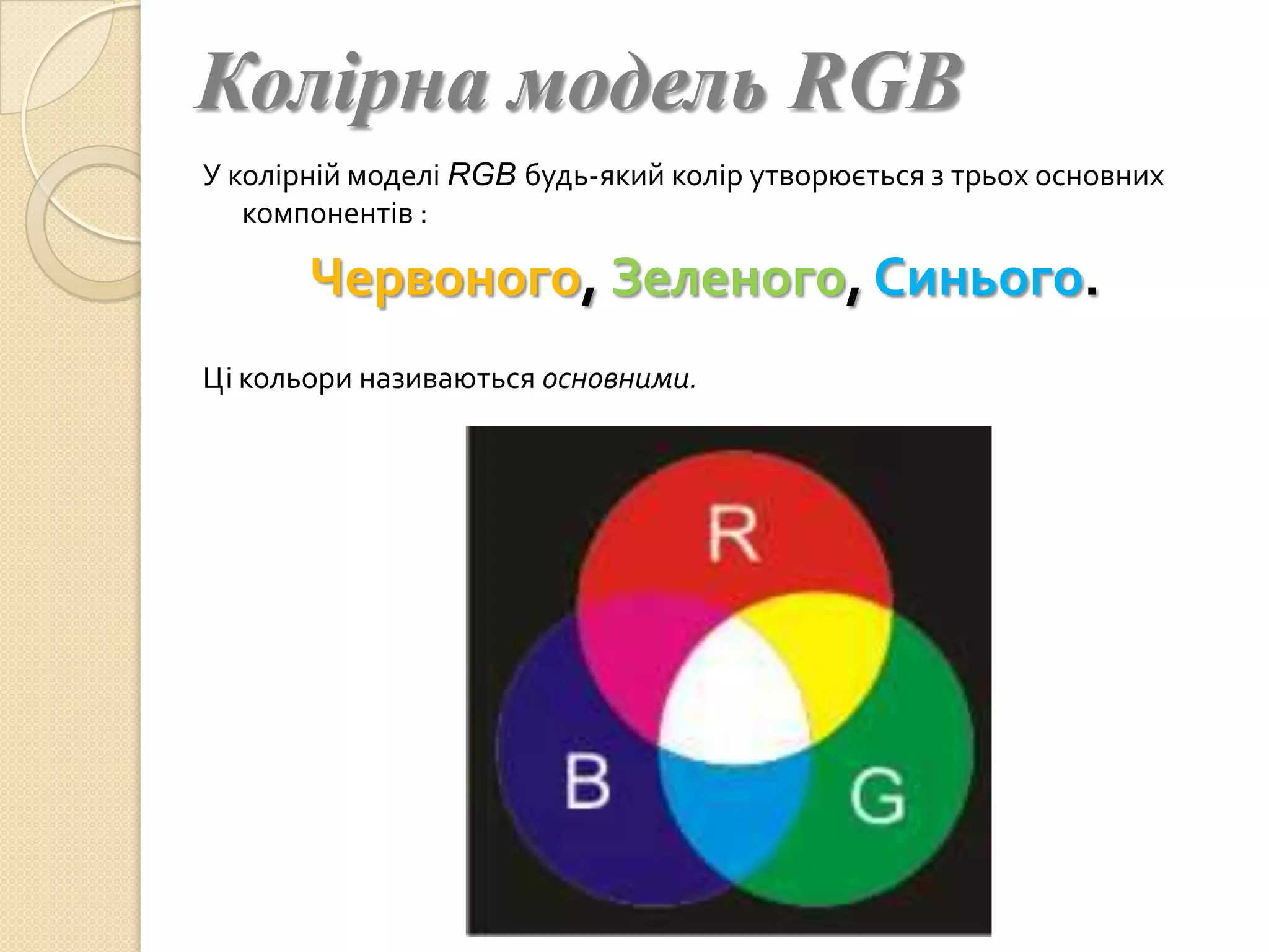 Колірна модель RGB
У колірній моделі RGB будь-який колір утворюється з трьох основних
   компонентів :

       Червоного, Зеленого, Синього.
Ці кольори називаються основними.
 