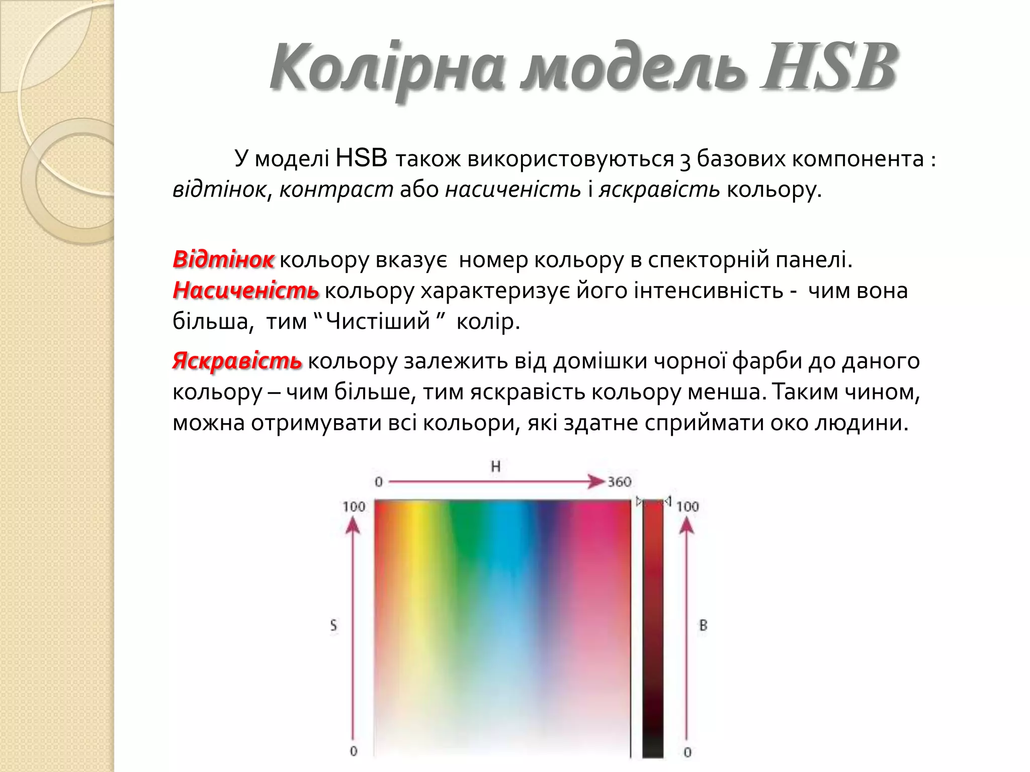 Колірна модель HSB
     У моделі HSB також використовуються 3 базових компонента :
відтінок, контраст або насиченість і яскравість кольору.

Відтінок кольору вказує номер кольору в спекторній панелі.
Насиченість кольору характеризує його інтенсивність - чим вона
більша, тим “ Чистіший ” колір.
Яскравість кольору залежить від домішки чорної фарби до даного
кольору – чим більше, тим яскравість кольору менша. Таким чином,
можна отримувати всі кольори, які здатне сприймати око людини.
 