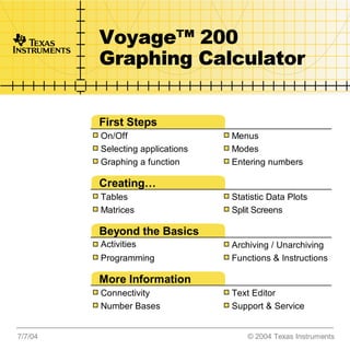 TI       Voyage™ 200
         Graphing Calculator


         First Steps
         On/Off                   Menus
         Selecting applications   Modes
         Graphing a function      Entering numbers

         Creating…
         Tables                   Statistic Data Plots
         Matrices                 Split Screens

         Beyond the Basics
         Activities               Archiving / Unarchiving
         Programming              Functions & Instructions

         More Information
         Connectivity             Text Editor
         Number Bases             Support & Service


7/7/04                                © 2004 Texas Instruments
 