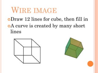 WIRE IMAGE
Draw 12 lines for cube, then fill in
A curve is created by many short
lines
 