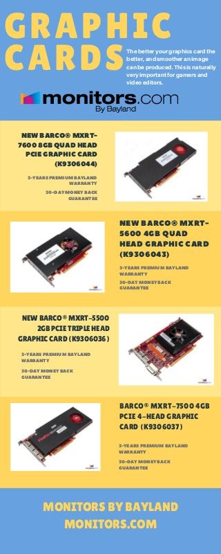 NEWBARCO®MXRT-
76008GBQUADHEAD
PCIEGRAPHIC CARD
(K9306044)
NEW BARCO® MXRT-
5600 4GB QUAD
HEAD GRAPHIC CARD
(K9306043)
NEW BARCO® MXRT-5500
2GB PCIE TRIPLE HEAD
GRAPHIC CARD (K9306036)
BARCO® MXRT-7500 4GB
PCIE 4-HEAD GRAPHIC
CARD (K9306037)
GRAPHIC
CARDSThe better your graphics card the
better, and smoother an image
can be produced. This is naturally
very important for gamers and
video editors.
MONITORS BY BAYLAND
MONITORS.COM
3-YEARSPREMIUMBAYLAND
WARRANTY
30-DAYMONEYBACK
GUARANTEE
3-YEARSPREMIUMBAYLAND
WARRANTY
30-DAYMONEYBACK
GUARANTEE
3-YEARSPREMIUMBAYLAND
WARRANTY
30-DAYMONEYBACK
GUARANTEE
3-YEARSPREMIUMBAYLAND
WARRANTY
30-DAYMONEYBACK
GUARANTEE
 