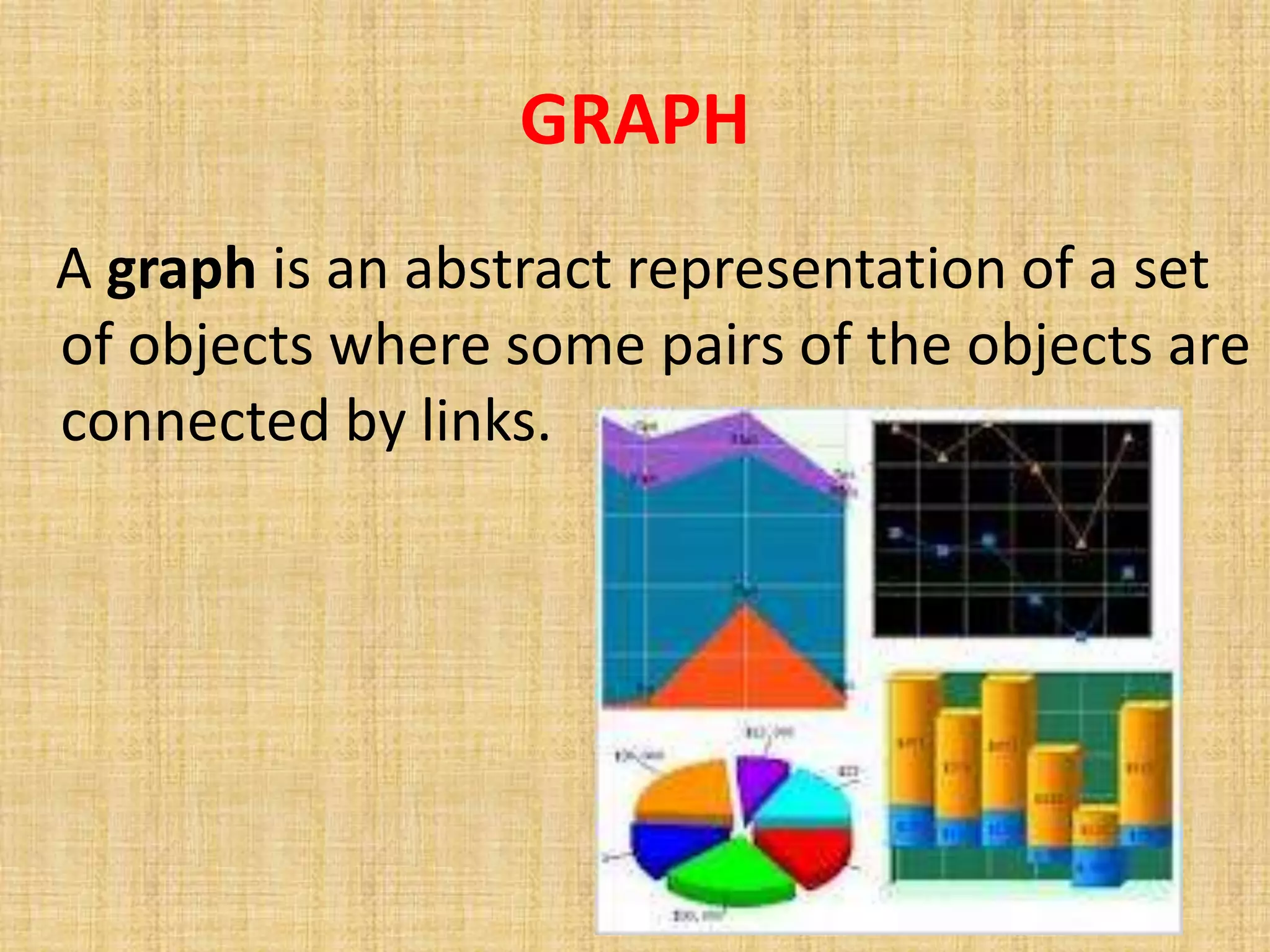 GRAPH
A graph is an abstract representation of a set
of objects where some pairs of the objects are
connected by links.
 