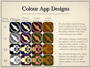 Colour App DesignsColour App Designs
For this finale round of design
drafts I added colour to my top
four monochrome designs using
the colour schemes that I had
created (see previous slide).
The colour schemes work well in
my opinion with the exception of
some in colour scheme 3 where
two shades of brown overlap, the
contrast isn’t pleasing to the eye.
My favourite designs are; colour
scheme 1 for design 6, colour
scheme 1 for design 12, and
colour scheme 1 & 2 for design
16.
Origin
Colour
Scheme 1
Colour
Scheme 2
Colour
Scheme 3
Design
Number
6
9
12
16
 