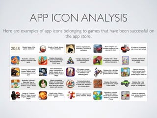 APP ICON ANALYSIS
Here are examples of app icons belonging to games that have been successful on
the app store.
 