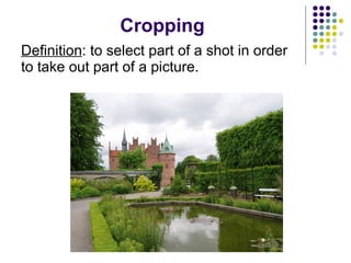 Cropping Definition : to select part of a shot in order to take out part of a picture. 