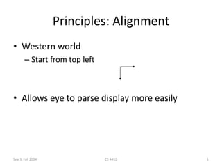 Sep 3, Fall 2004 CS 4455 1
Principles: Alignment
• Western world
– Start from top left
• Allows eye to parse display more easily
 