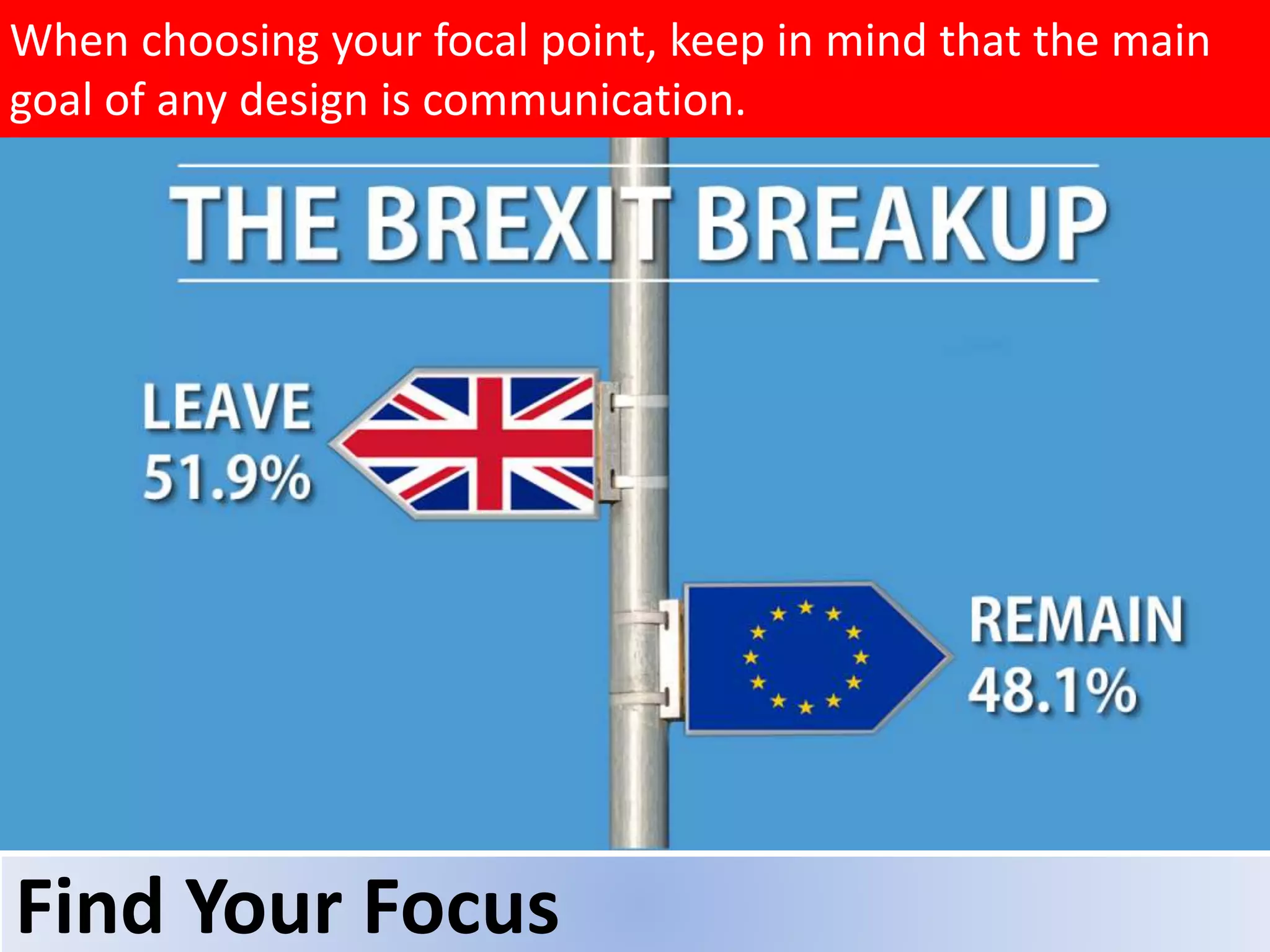 When choosing your focal point, keep in mind that the main
goal of any design is communication.
Find Your Focus
 