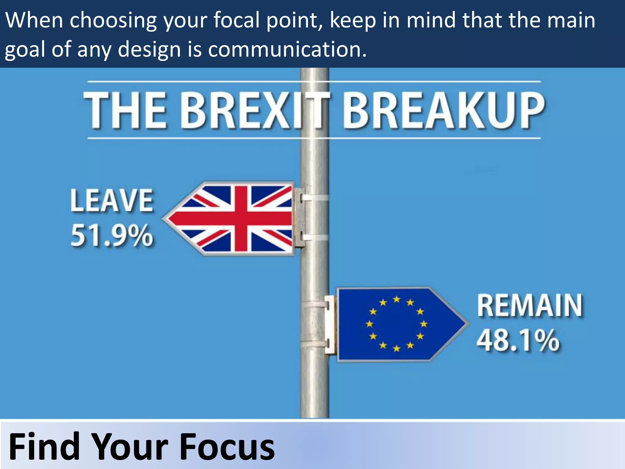 When choosing your focal point, keep in mind that the main
goal of any design is communication.
Find Your Focus
 