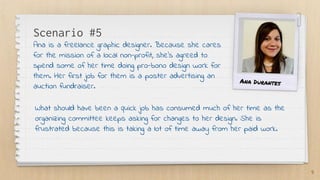 Scenario #5
Ana is a freelance graphic designer. Because she cares
for the mission of a local non-profit, she’s agreed to
spend some of her time doing pro-bono design work for
them. Her first job for them is a poster advertising an
auction fundraiser.
9
Ana Durantes
What should have been a quick job has consumed much of her time as the
organizing committee keeps asking for changes to her design. She is
frustrated because this is taking a lot of time away from her paid work.
 