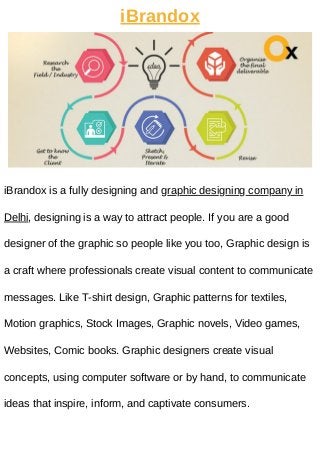 iBrandox
iBrandox is a fully designing and graphic designing company in
Delhi, designing is a way to attract people. If you are a good
designer of the graphic so people like you too, Graphic design is
a craft where professionals create visual content to communicate
messages. Like T-shirt design, Graphic patterns for textiles,
Motion graphics, Stock Images, Graphic novels, Video games,
Websites, Comic books. Graphic designers create visual
concepts, using computer software or by hand, to communicate
ideas that inspire, inform, and captivate consumers.
 