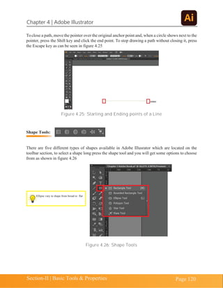 Chapter 4 | Adobe Illustrator
Section-II | Basic Tools & Properties Page 120
To close a path, move the pointer over the original anchor point and, when a circle shows next to the
pointer, press the Shift key and click the end point. To stop drawing a path without closing it, press
the Escape key as can be seen in figure 4.25
Figure 4.25: Starting and Ending points of a Line
Shape Tools:
There are five different types of shapes available in Adobe Illusrator which are located on the
toolbar section, to select a shape long press the shape tool and you will get some options to choose
from as shown in figure 4.26
Figure 4.26: Shape Tools
Ellipse vary in shape from broad to flat
 