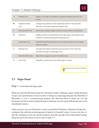 Chapter 7 | Adobe InDesign
Section-I | Introduction toAdobe InDesign Page 188
7.3 Pages Panel
Step 1: Locate/Open the Pages panel
When you click the OK button in the New Document window, InDesign creates a blank document
set up to your specifications. If you’re used to working in a single-page program, like Illustrator or
Photoshop, or even a word-processing program, like Microsoft Word or Pages, the way that
documents are laid out and navigated through in InDesign can seem quite different and may not be
immediately intuitive.
Unless you have set your Preferences to open a pre-defined Workspace, InDesign will open the
workspace (the collection and arrangement of panels) in Essential’s mode. You can view this, or
alter the workspace to suit your specific purposes, from the top right of the control panel running
along the top of your screen as can be seen in figure 7.7.
Pages panel works similar to Photoshop
 