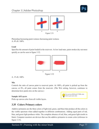 Chapter 3 | Adobe Photoshop
Page 77
Section-IV | Painting with the mixer brush
Figure 3.31
Photoshop Increasing paint wetness Increasing paint wetness
A. 0% B. 100%
Load
Specifies the amount of paint loaded in the reservoir. At low load rates, paint strokes dry out more
quickly as can be seen in figure 3.32.
Figure 3.32
A. 1% B. 100%
Mix
Controls the ratio of canvas paint to reservoir paint. At 100%, all paint is picked up from the
canvas; at 0%, all paint comes from the reservoir. (The Wet setting, however, continues to
determine how paints mix on the canvas.)
Sample All Layers
Picks up canvas color from all visible layers.
3.35 Colors Primary colors
Additive primaries are the three colors of light (red, green, and blue) that produce all the colors in
the visible spectrum when added together in different combinations. Adding equal parts of red,
blue, and green light produces white. The complete absence of red, blue, and green light results in
black. Computer monitors are devices that use the additive primaries to create color (reference in
figure 3.33).
You can use RGB and CYMK color
code to get exact color
 