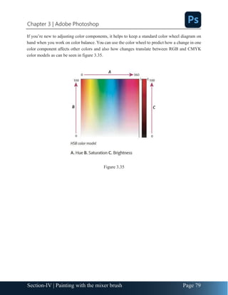 Chapter 3 | Adobe Photoshop
Page 79
Section-IV | Painting with the mixer brush
If you’re new to adjusting color components, it helps to keep a standard color wheel diagram on
hand when you work on color balance. You can use the color wheel to predict how a change in one
color component affects other colors and also how changes translate between RGB and CMYK
color models as can be seen in figure 3.35.
Figure 3.35
 