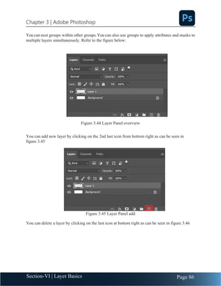 Chapter 3 | Adobe Photoshop
Page 86
Section-VI | Layer Basics
You can nest groups within other groups.You can also use groups to apply attributes and masks to
multiple layers simultaneously. Refer to the figure below:
Figure 3.44 Layer Panel overview
You can add new layer by clicking on the 2nd last icon from bottom right as can be seen in
figure 3.45
Figure 3.45 Layer Panel add
You can delete a layer by clicking on the last icon at bottom right as can be seen in figure 3.46
 