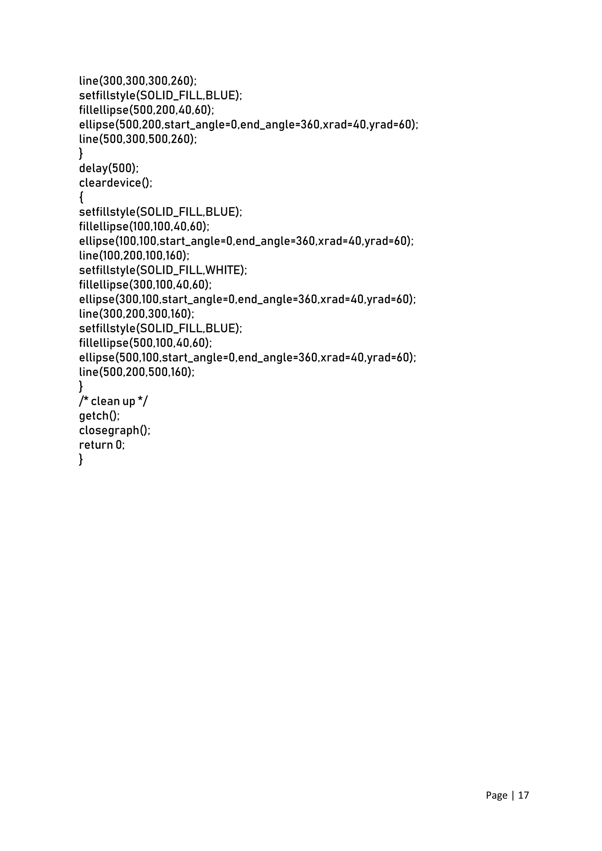 Page | 17
line(300,300,300,260);
setfillstyle(SOLID_FILL,BLUE);
fillellipse(500,200,40,60);
ellipse(500,200,start_angle=0,end_angle=360,xrad=40,yrad=60);
line(500,300,500,260);
}
delay(500);
cleardevice();
{
setfillstyle(SOLID_FILL,BLUE);
fillellipse(100,100,40,60);
ellipse(100,100,start_angle=0,end_angle=360,xrad=40,yrad=60);
line(100,200,100,160);
setfillstyle(SOLID_FILL,WHITE);
fillellipse(300,100,40,60);
ellipse(300,100,start_angle=0,end_angle=360,xrad=40,yrad=60);
line(300,200,300,160);
setfillstyle(SOLID_FILL,BLUE);
fillellipse(500,100,40,60);
ellipse(500,100,start_angle=0,end_angle=360,xrad=40,yrad=60);
line(500,200,500,160);
}
/* clean up */
getch();
closegraph();
return 0;
}
 