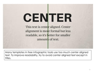 12
Many templates in free infographic tools use too much center aligned
text. To improve readability, try to avoid center aligned text except in
titles.
 