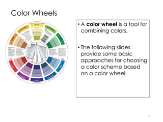 Color Wheels
• A color wheel is a tool for
combining colors.
• The following slides
provide some basic
approaches for choosing
a color scheme based
on a color wheel.
19
 
