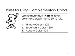Rules for Using Complementary Colors
23
Use no more than THREE different
colors and apply the 60-30-10 rule.
1. Primary Color – 60%
2. Secondary Color – 30%
3. Accent Color -10%
 