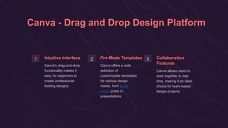 Canva - Drag and Drop Design Platform
1 Intuitive Interface
Canva's drag-and-drop
functionality makes it
easy for beginners to
create professional-
looking designs.
2 Pre-Made Templates
Canva offers a wide
selection of
customizable templates
for various design
needs, from social
media posts to
presentations.
3 Collaboration
Features
Canva allows users to
work together in real-
time, making it an ideal
choice for team-based
design projects.
 
