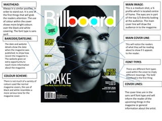 MASTHEAD:
COVER LINES:
FONT TYPES
COLOUR SCHEME:
MAIN COVER LINE:
MAIN IMAGE:
This is a medium shot, a ¾
profile which is ...