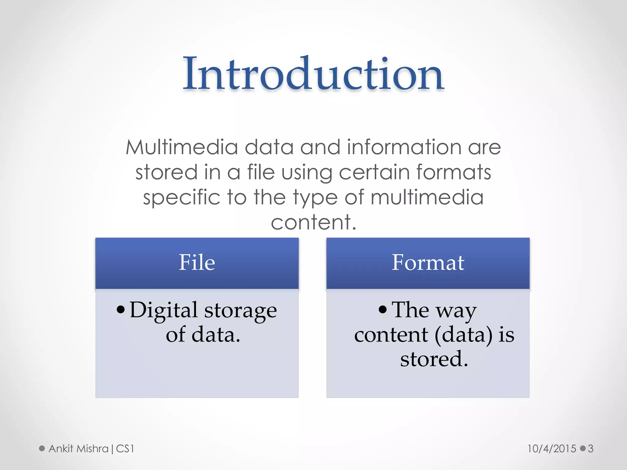 Introduction
10/4/2015 3Ankit Mishra|CS1
Multimedia data and information are
stored in a file using certain formats
specific to the type of multimedia
content.
File
•Digital storage
of data.
Format
•The way
content (data) is
stored.
 