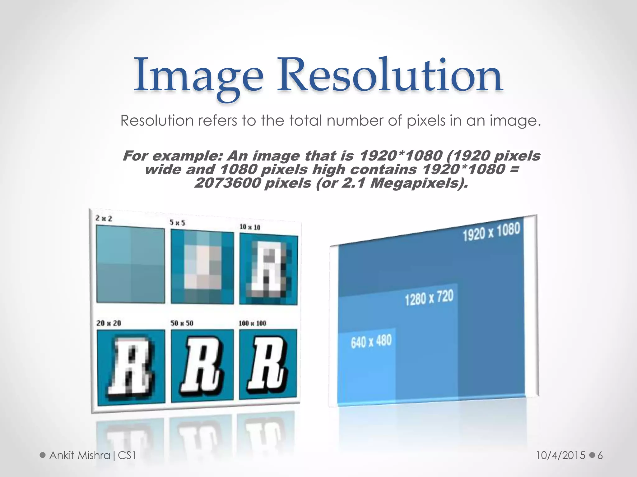 Image Resolution
10/4/2015 6Ankit Mishra|CS1
Resolution refers to the total number of pixels in an image.
For example: An image that is 1920*1080 (1920 pixels
wide and 1080 pixels high contains 1920*1080 =
2073600 pixels (or 2.1 Megapixels).
 
