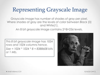 Representing Grayscale Image
10/4/2015 12Ankit Mishra|CS1
Grayscale image has number of shades of gray per pixel.
Where shades of gray are the levels of color between Black (0)
and White(1).
An 8 bit grayscale image contains 2^8=256 levels.
This 8 bit grayscale image has 1024
rows and 1024 columns hence,
Size = 1024 * 1024 * 8 = 8388608 bits
or 1 Mb.
 